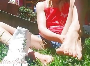 Skinny girl wearing her White Ninja shoes in the garden - Tik Tok Abella Love