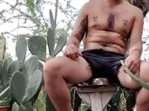 Nudist Hippie gardening and peeing
