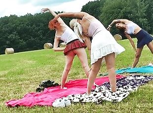 Yoga and Gymnastics Outdoors without Panties in School Uniform Miniskirt with Hot Tight Pussy Girls