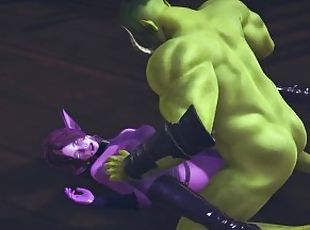 Elf gets pussy creampie from big orc