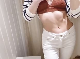 Gal uncovers small tits trying on bra on change room spy cam