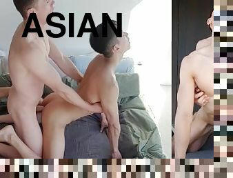 asia, posisi-seks-doggy-style, cumshot-keluarnya-sperma, antar-ras, homo, pasangan, sperma, putih, homoseks