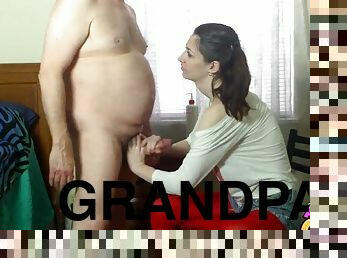 Cute teen helps grandpa to take care of his raging erection