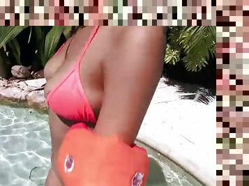 All natural blackhaired latina in pov action next to the pool
