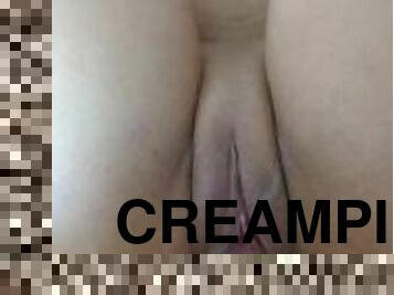 otrogen, fitta-pussy, fru, amatör, gigantisk-kuk, hemmagjord, creampie, par, slyna, sprut