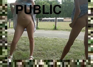 Two Girls Flashing Pussy In Public Park, Upskirt No Panties