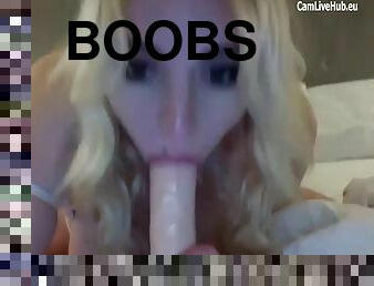 Monster boobs blonde teen milking a dildo on cam