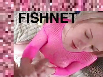Pink fishnet handjob