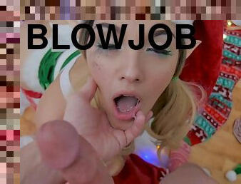 Naughty Christmas Slut - Blonde gives head POV blowjob with cum on face