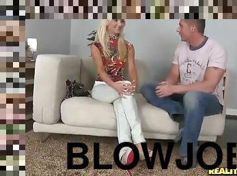 Slutty blonde sucks dick  gets fucked in the gash