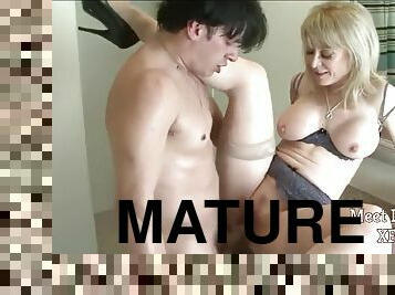 Horny mature cougar seduces son friend - busty MILF rides dick in bathroom