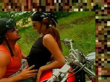 Hot biker girl gets banged in the middle of the road