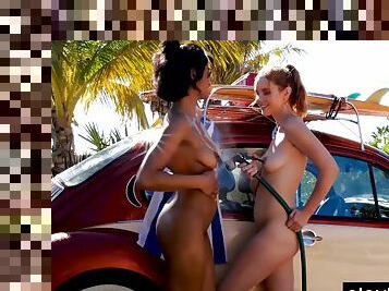 Asian Lesbian And Gf Kayla Coyote Washing Their Car Outdoor With Angel Constance