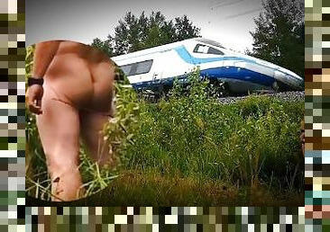 Meeting and flashing dick with high speed train.