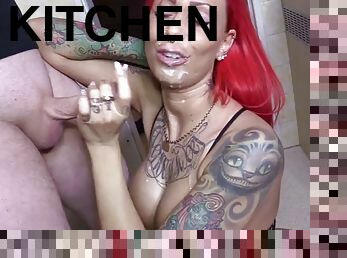 Redhead in spandex leggings fit teen gets fucked hard in the kitchen