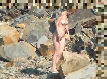 nudist, utomhus, kamera, strand, voyeur, rödhårig, gömd