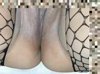 vagina-pussy, latina, permainan-jari, stocking-stockings, pakaian-jaring-ikan, basah