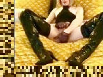 Stroking my girl cock in bed wearing my sexy shiny leather boots