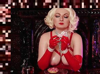 Sexy hot blonde MILF Arya Grander eats donuts - food fetish in latex rubber long opera gloves