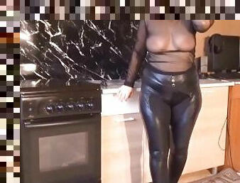 Leather leggings on big ass-Nylon boobs
