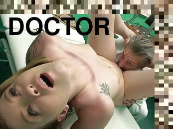 Kinky doctor examines petite blonde in a doggy position