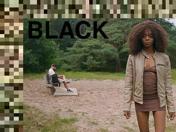 Curly black doll tries random man's huge dick in a dirty outdoor play