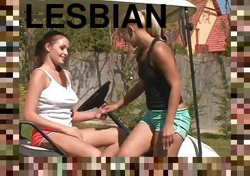 Hot ladies have a lesbian moment outdoors
