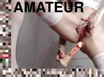 masturbation, chatte-pussy, amateur, bas, sale, culotte, lingerie, serrée, gode, solo