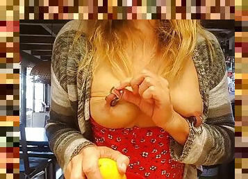 Nippleringlover horny milf flashing small tits with extreme big pierced nipples while cooking at home