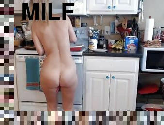 Amazing blonde milf cooking naked in her kitchen