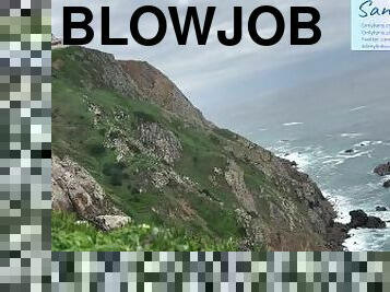 Hot and dangerous blowjob doing topless on a cliff