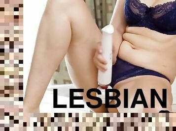 NYMPHOBAE - Curvy lesbian licking stepmoms pussy in the bathroom