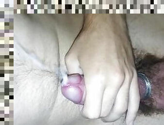 smeared her red hairy cock with saliva and began to masturbate and finished a lot of sperm on her st