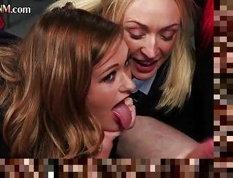 CFNM college chicks sucking students cock in group BJ