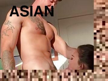 Asian babe sucks big cock