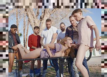 Busty babe shares first gangbang facials in outdoor kinks