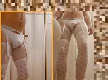 Dual view pissing in the toilet crossdressed in lingerie