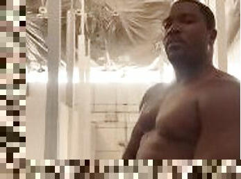 Black big dick jerking in the gym shower