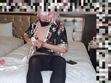 Cute cosplay astolfo femboy cumming by played nipple like a good sissy