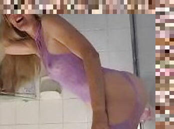 Hot body stocking milf fucks dildo doggystyle in the shower