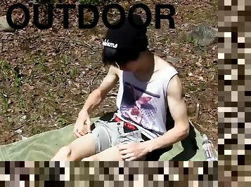 Outdoor masturbation with anal beads for cute Asian twink