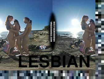 di-tempat-terbuka, lesbian-lesbian, remaja, pantai, bertiga, dansa, pisang, payudara-kecil