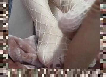 Leona's Fishnet footjob. Quick before her hubby gets home