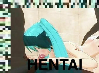 3D HENTAI Miku sucks cock while getting fucked in the ass