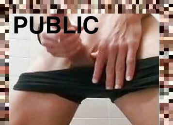 Huge cumshot and Hot masturbation in a public place
