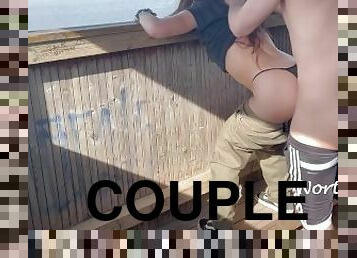 Young couple having risky spontaneous public sex in an bird observation tower - real amateur