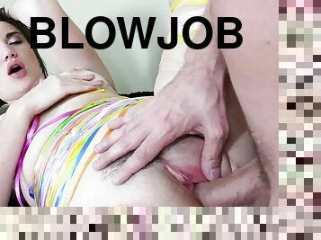 blowjob-seks-dengan-mengisap-penis, sudut-pandang, normal, cowgirl-posisi-sex-wanita-di-atas-pria, berambut-cokelat