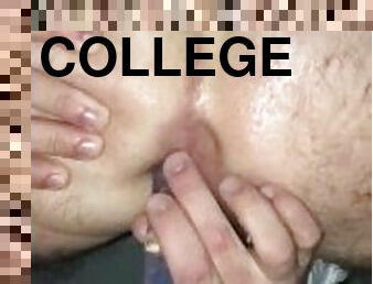 Straight curious college guy rides first dildo
