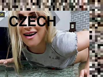 Blonde Plays With Her Piss On Glass Table