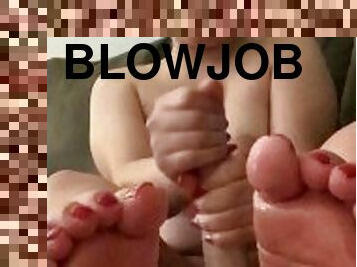 Latina gives blowjob with handjob and cum on feet